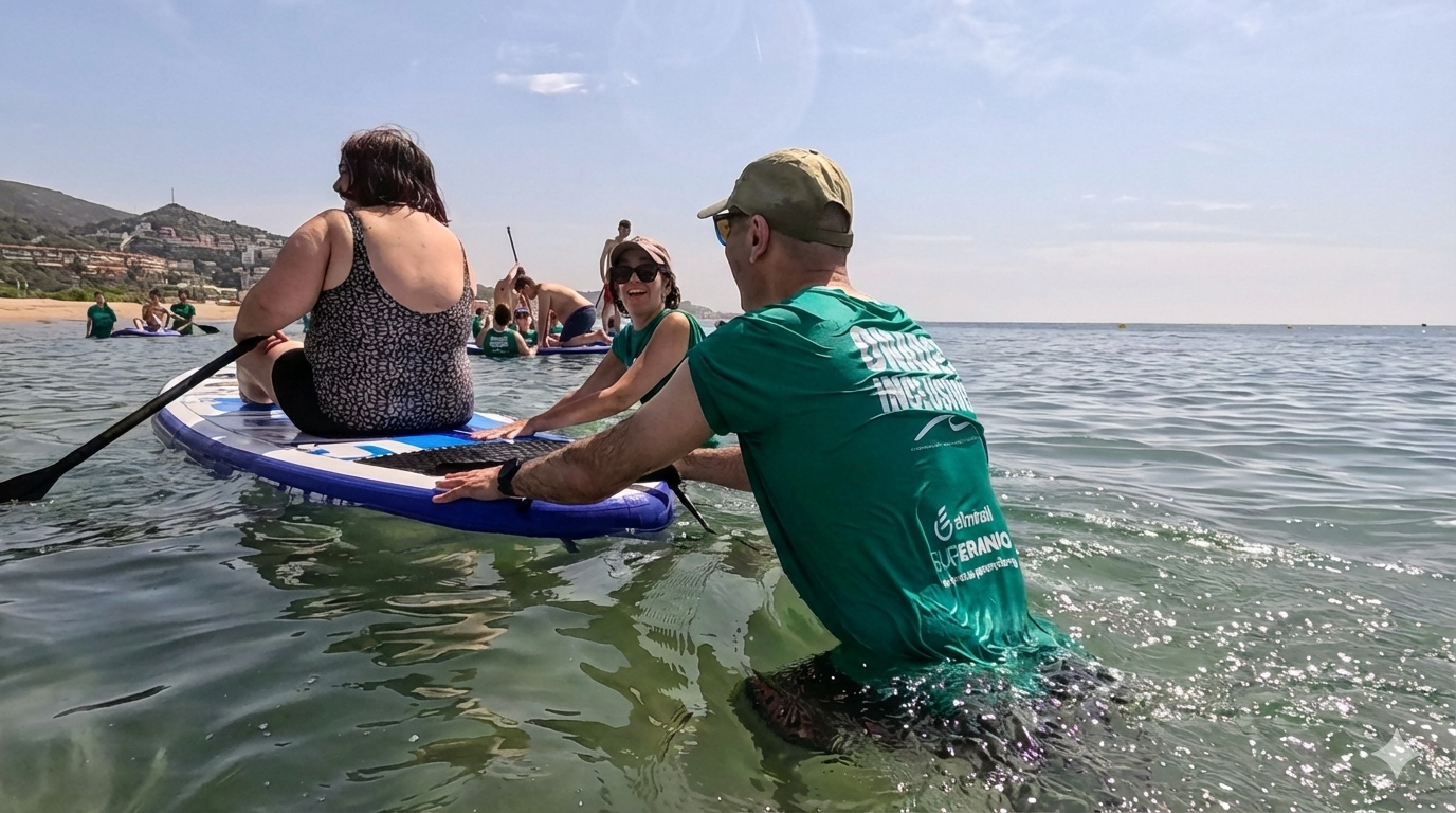 Voluntariado corporativo inclusivo en el mar con empleados de Almirall acompañando a participante de Fundación Mas Albornà junto a SUPerando en Port Ginesta